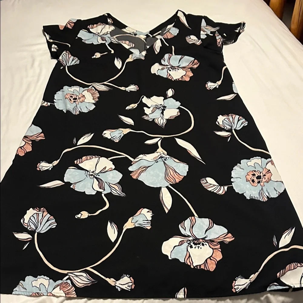 A New Day Black Dress with Blue and White Floral Design